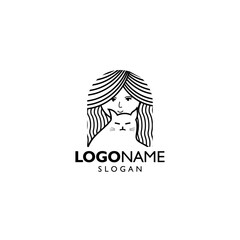 cat combination female head logo design illustration on white background