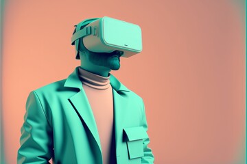 Young man wearing VR headset exploring the metaverse, minimal and clean. Generative AI