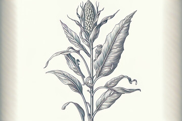 carving of a corn plant. An old botanical illustration of a leafy stem of field corn. Retro styled cropped vegetable illustration. Hand drawn outline of a monochrome graphic, isolated on white