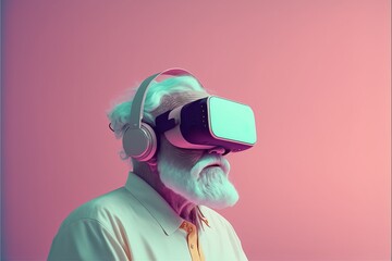 Old man wearing VR headset exploring the metaverse, minimal and clean. Generative AI
