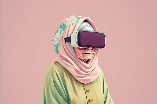 Old Woman Wearing VR Headset Exploring The Metaverse, Minimal And Clean. Generative AI