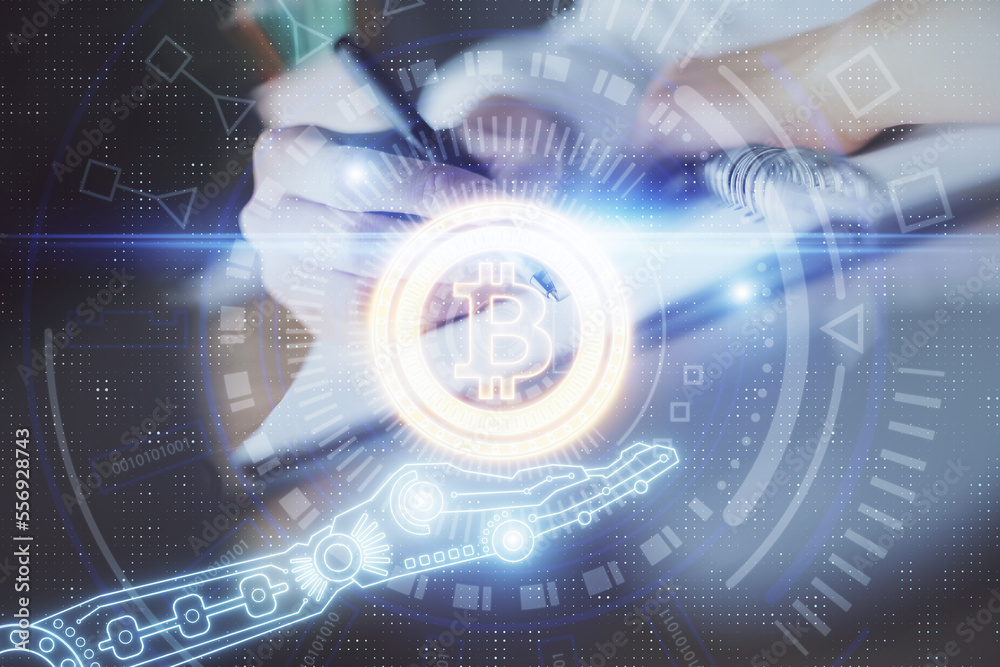 Poster cryptocurrency hologram, bitcoin, ico theme over hands taking notes background. concept of blockchai