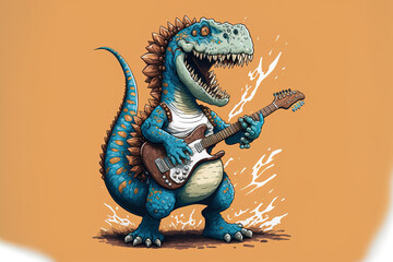 Illustration of a rocking dinosaur playing guitar. Guitar and dinosaur print. Kids' t shirt with a cute design. Dinosaur character design is adorable. Generative AI