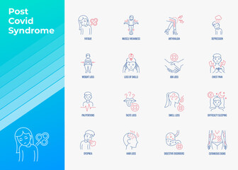 Post covid syndrome thin line icons set. Fatigue, muscle weakness, weight loss, smell and taste loss, insomnia, dyspnea, loss of skills, digestive disorders, arthralgia, hair loss. Vector illustration
