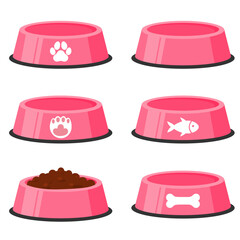 Vector colorful image of bowls for pet food. Feeding cats and dogs. The concept of veterinary care for pets. Design element for applications, website, etc.