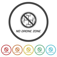 No drone zone sign. Set icons in color circle buttons