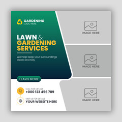 Lawn or gardening service social media post and web banner template 
