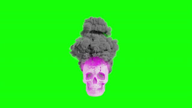 a skull in pink fire. animation of a pink skull with smoke. a pink skull on fire on a green background