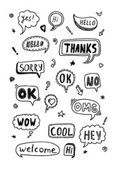 Cute doodle vector speech bubble black on white set, Hand drawn set of speech bubbles with handwritten