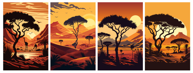 African sunset vector landscape with flat colors - obrazy, fototapety, plakaty
