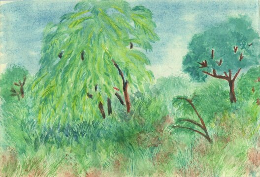 Watercolor landscape with trees