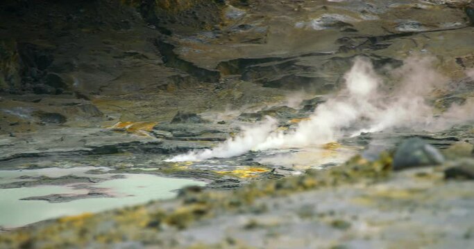 Geothermal sulfur landscape on White Island with mineral pool