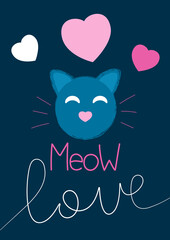 Cute cat and love lettering. Happy Valentines Day greeting card. Printable cards template, layout in A6.