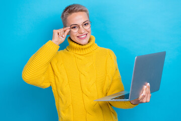 Photo of stunning smart lady wear trendy cozy sweater hold macbook chatting followers instagram...