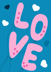 Love lettering with balls. Happy Valentines Day greeting card. Printable cards template, layout in A6.