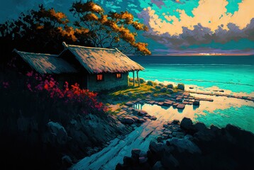 illustration of peaceful seascape with wooden cabin