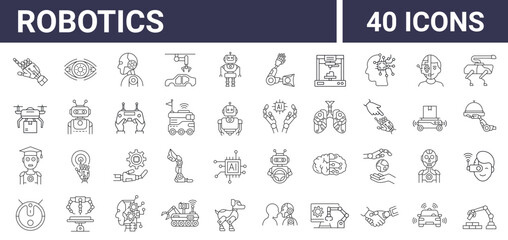 Fototapeta na wymiar Set of 40 robotics industry icons. Set with robot and bot technology, artificial intelligence AI, equipment, engineering, automated machinery. Editable stroke. Vector illustration