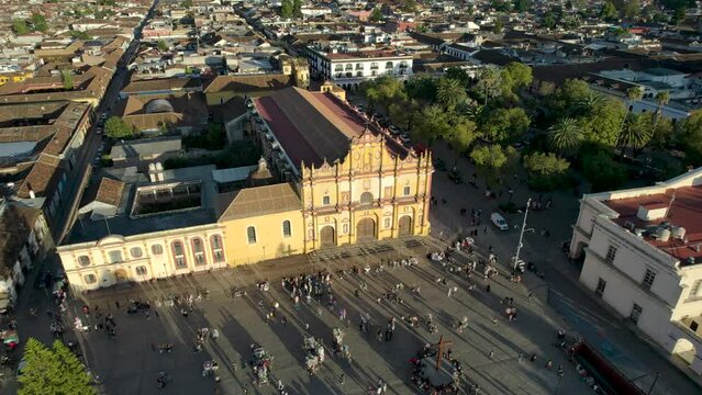 Left rotation shot of the church and main square of San Cristobal de las Casas Chiapas Mexico