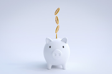Gold coins falling and dropping to white piggy bank on white background. Concept of savings for investment, financial management, savings for future retirement. with copy space. 3D rendering 