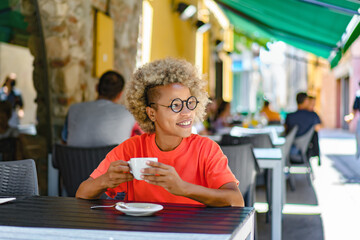 drinks and people concept - happy woman with cup drinking cafe at city street cafe terrace