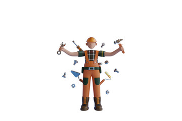 The Handyman. 3D Handyman multitasking with tools. worker or engineer with wrench, screwdriver, hammer and roller in hands isolated icon 3d illustration.