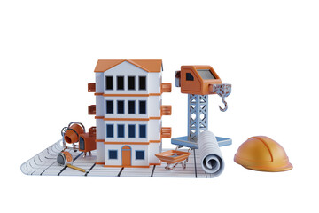 Building in process of construction on the blueprints. 3d illustration of Building construction. Building construction site with crane and machine illustration  © novia99design