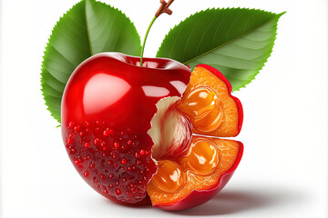 Red organic Acerola cherry with half slice, high vitamin C and antioxidant fruits, isolated on white. Generative AI