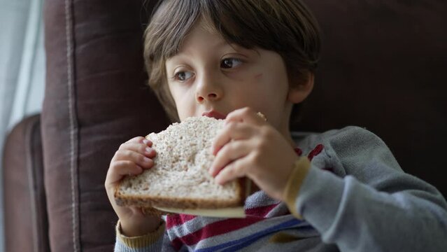 Child eating sandwich laying on couch. One little boy eats carb snack bread while watching cartoons