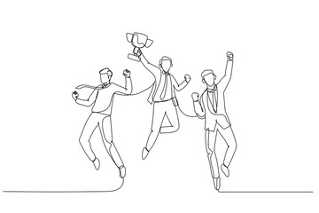 Drawing of businessman jumps in the air with trophy cup in the hand getting recognition. Single continuous line art