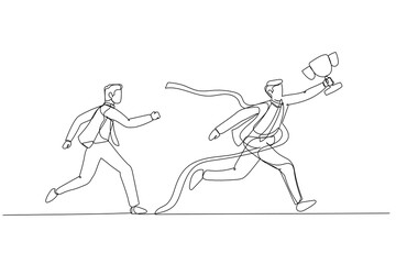Drawing of businessman get to the finish line winning fierce competition. Continuous line art style