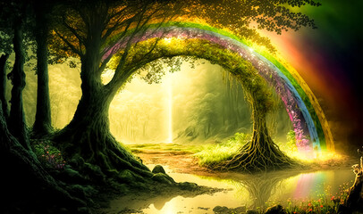 Magical fantasy fairytale forest with rainbow. digital art	 - obrazy, fototapety, plakaty