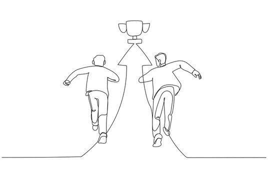 Cartoon of motivated businessman running on arrow showing direction to trophy way to success. Single line art style