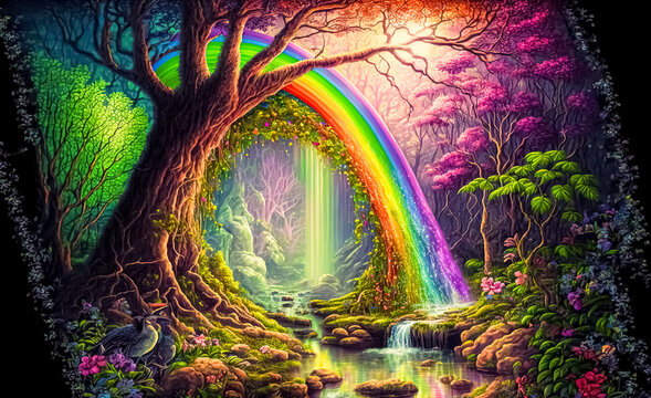 Magical fantasy fairytale forest with rainbow. digital art	