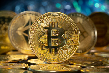 crypto coin, close up of bitcoin 