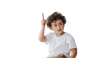Thoughtful little curly caucasian boy sitting holding pencil looking aside against transparent background. Preschooler Spanish kid learning letters at home. Knowledge, home studying. Childhood concept - Powered by Adobe