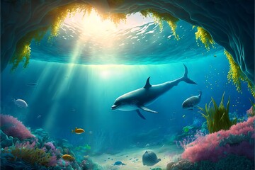 Swimming dolphin at the bottom of the sea with sunbeams.Ocean colorful background with light flare dolphins and fishes.AI generated.