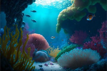 Colorful multicolored underwater landscape with coral fish and stones with sun rays on the background. Oceanic background with tropical flora and fauna.AI generated.