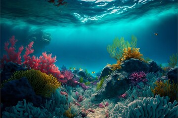 Fototapeta na wymiar Colorful multicolored underwater landscape with corals, rocks and beautiful blue water. Oceanic background with tropical flora.AI generated.