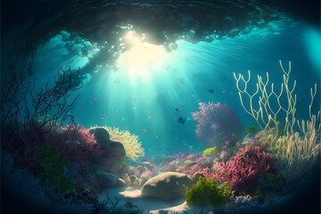Fototapeta na wymiar Colorful underwater landscape with corals, stones and beautiful blue water and bright sun rays and glare. Ocean background. AI generated.