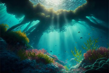 Ocean depths colorful illustration of underwater life.Sea lagoon with plants and sunbeams breaking through.AI generated.