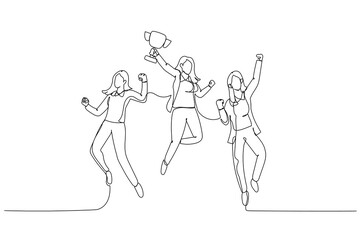 Fototapeta na wymiar Cartoon of businesswoman jumps in the air with trophy cup in the hand getting recognition. Single line art style