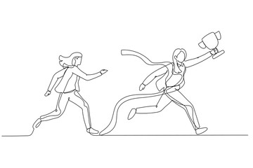 Fototapeta na wymiar Drawing of businesswoman get to the finish line winning fierce competition. Continuous line art