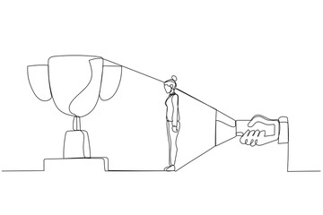 Fototapeta na wymiar Cartoon of businesswoman aiming big prize from flashlight. Single continuous line art