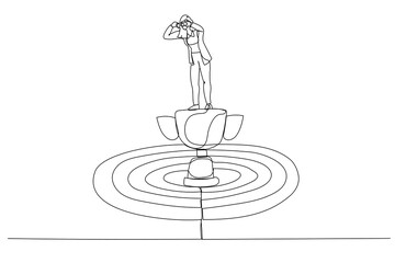 Cartoon of businessmen standing above trophy on dartboard using binoculars. Single line art style