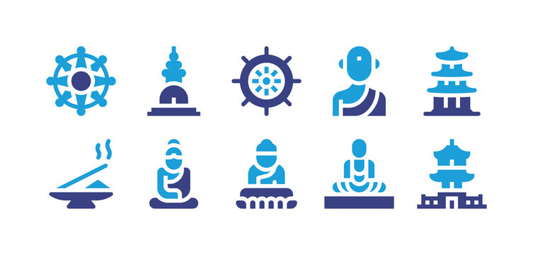 Buddhism icon set. Duotone color. Vector illustration. Containing dharma wheel, stupa, buddhism, monk, pagoda, incense, buddha, temple.