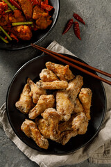 Traditional Chinese food - fried chicken wings. Top view