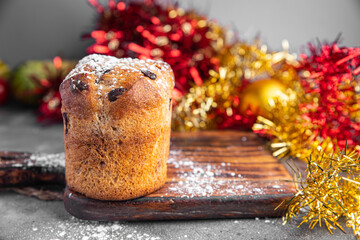 Panettone Christmas dessert sweet traditional baking easter cake fresh  meal food snack on the table copy space food background rustic top view