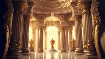 A realistic fantasy interior of the palace. golden palace. castle interior. Fiction Backdrop. concept art.  - obrazy, fototapety, plakaty