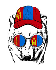 Obraz premium Brown bear's hand drawn portrait. Patriotic sublimation in colors of national flag on white background. Mongolia