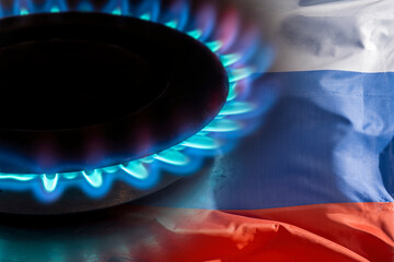 Russian flag and hob burner of blue gas, cost of gas, the euro crisis, sancions on russian gas, hob...